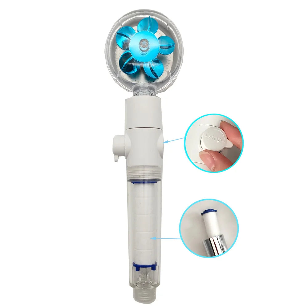 New Propeller Driven Fan Shower Head with Stop Button and Cotton Filter Turbocharged High Pressure Handheld Shower Nozzle Oasis Select Upgrade Blue