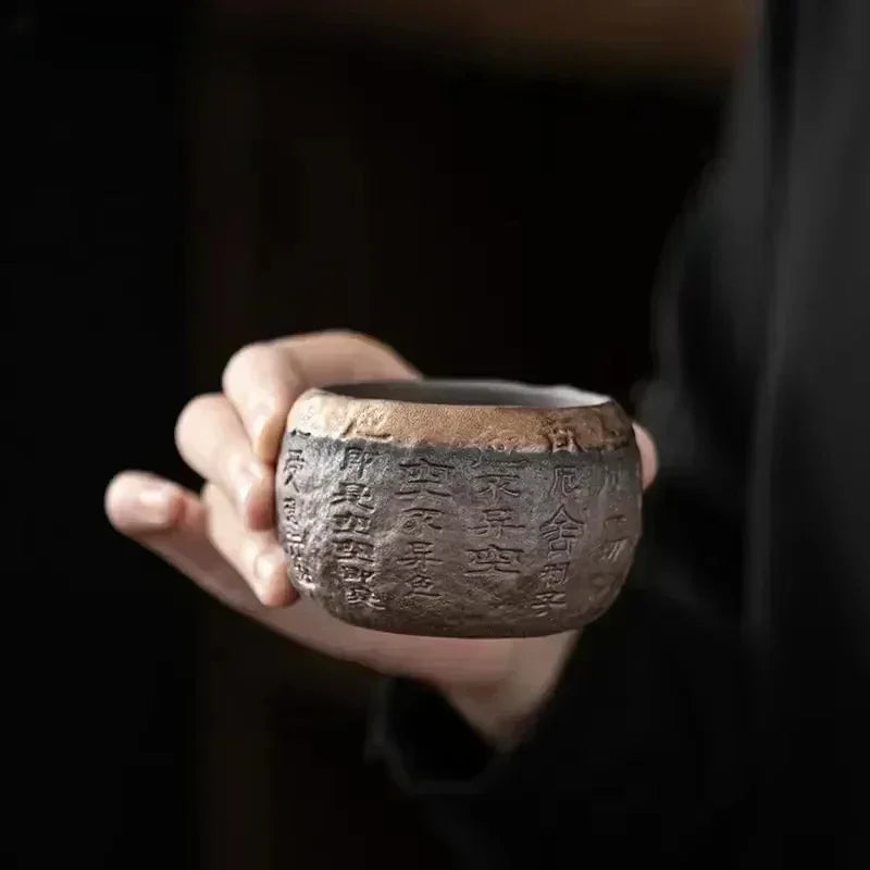 Rough Pottery Handmade Relief Heart Sutra Zen Cup Ceramic Master Individual Single Cup Chinese Portable Tea Cup 1pcs Oasis Select