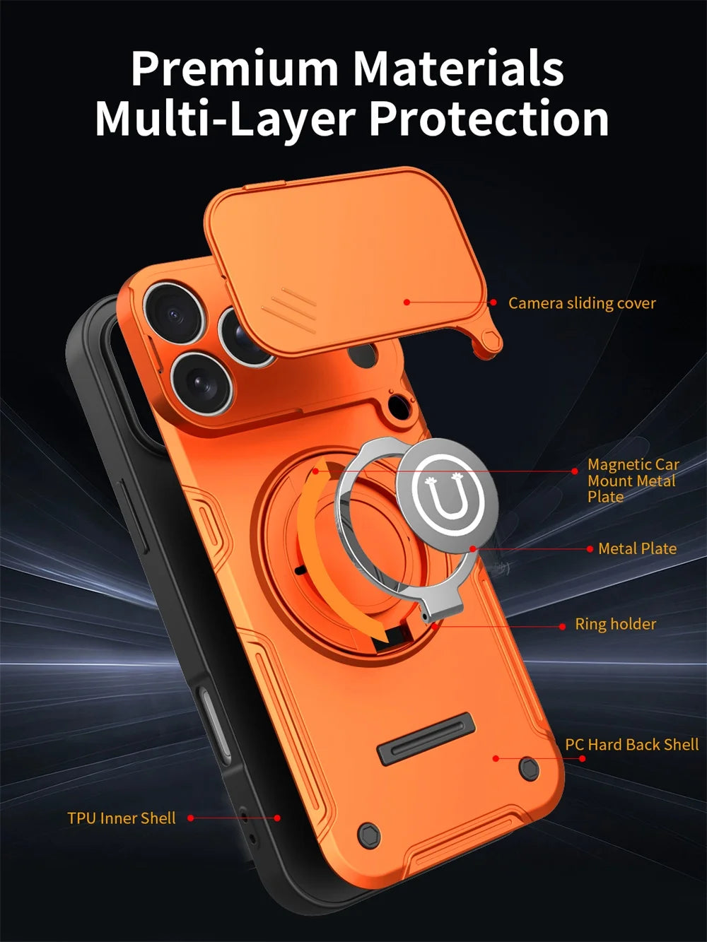 Magnetic Ring Stand Back Cover Shockproof Power Slide Camera Lens Protection For IPhone 17/16/15 Pro Max Cases 17Pro 16Pro 15Pro Oasis Select