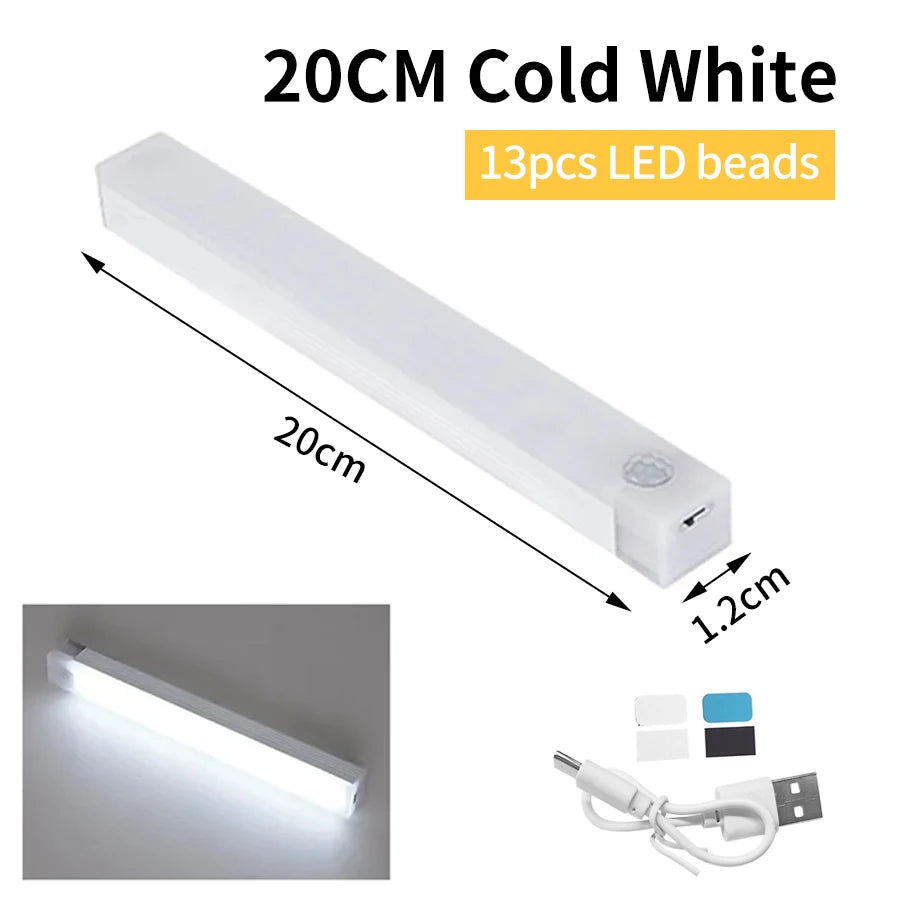 USB Rechargeabl LED Night Light PIR Motion Sensor Under Cabinet Lamp For Bedroom Wardrobe Hallway Staircase Bar Lighting Oasis Select 20CM White