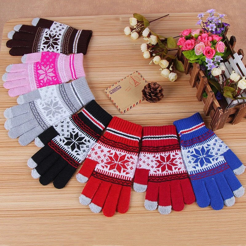 Winter Knitted Touchscreen Gloves – Snowflake Embroidery