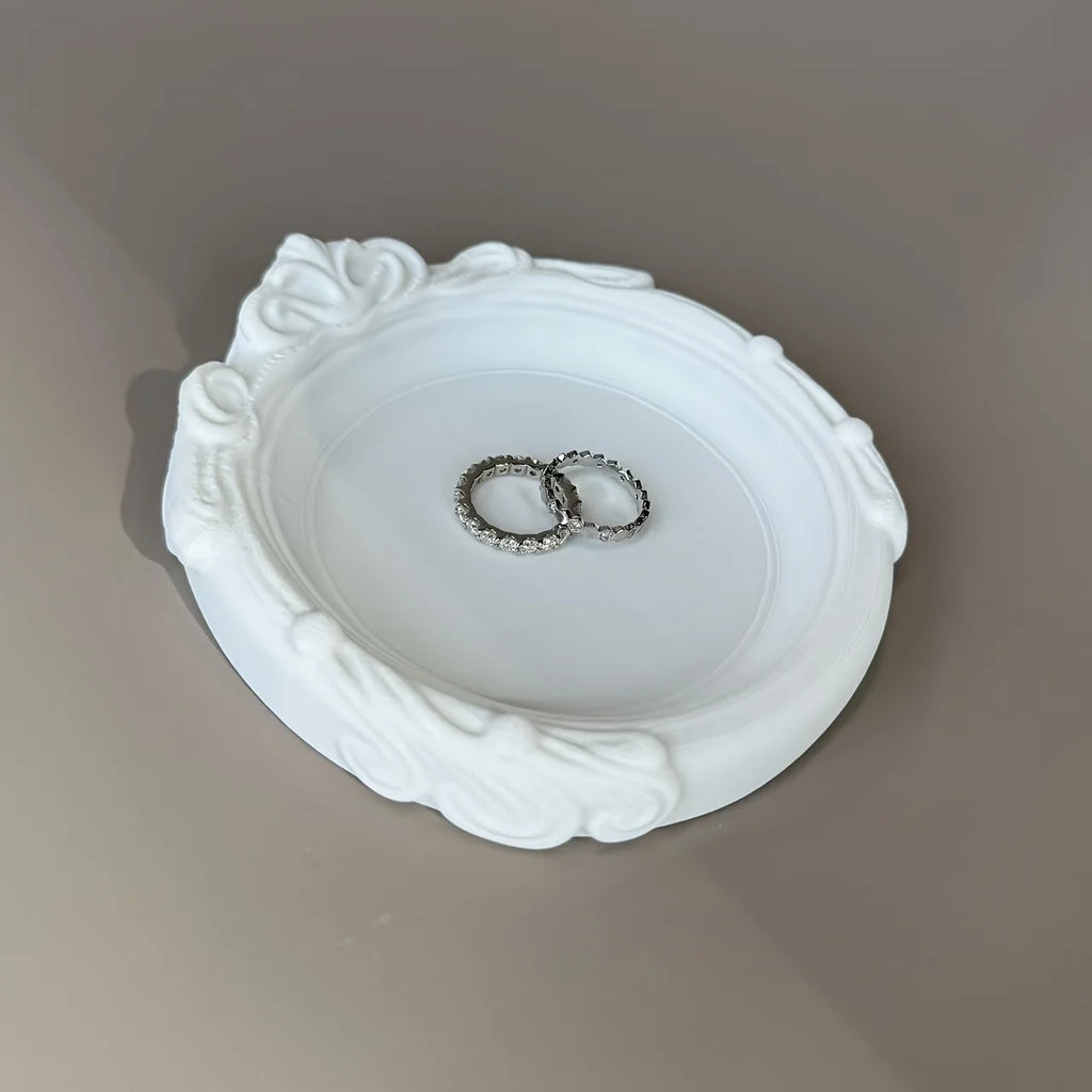 Ornate Baroque Style Jewelry Tray White Decorative Trinket Dish Elegant Vanity Organizer for Rings Earrings Small Accessories Oasis Select