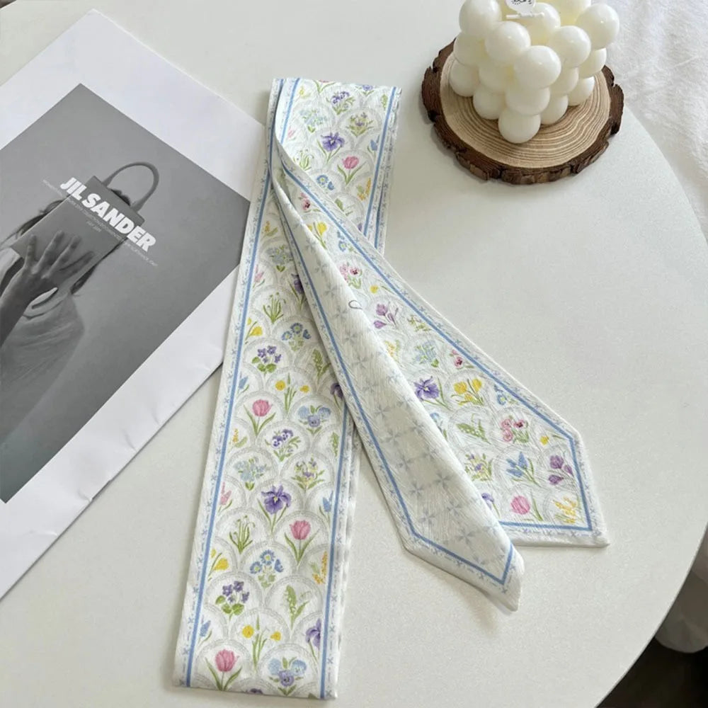 Summer Versatile Satin Silk Ribbon Scarf Fresh Floral Long Thin Bag Strap Narrow Fashion Accessory for Women Oasis Select 07
