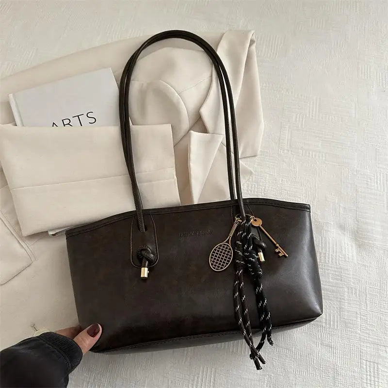Retro PU Leather Tote Bag – Large Capacity & Charm Pendant