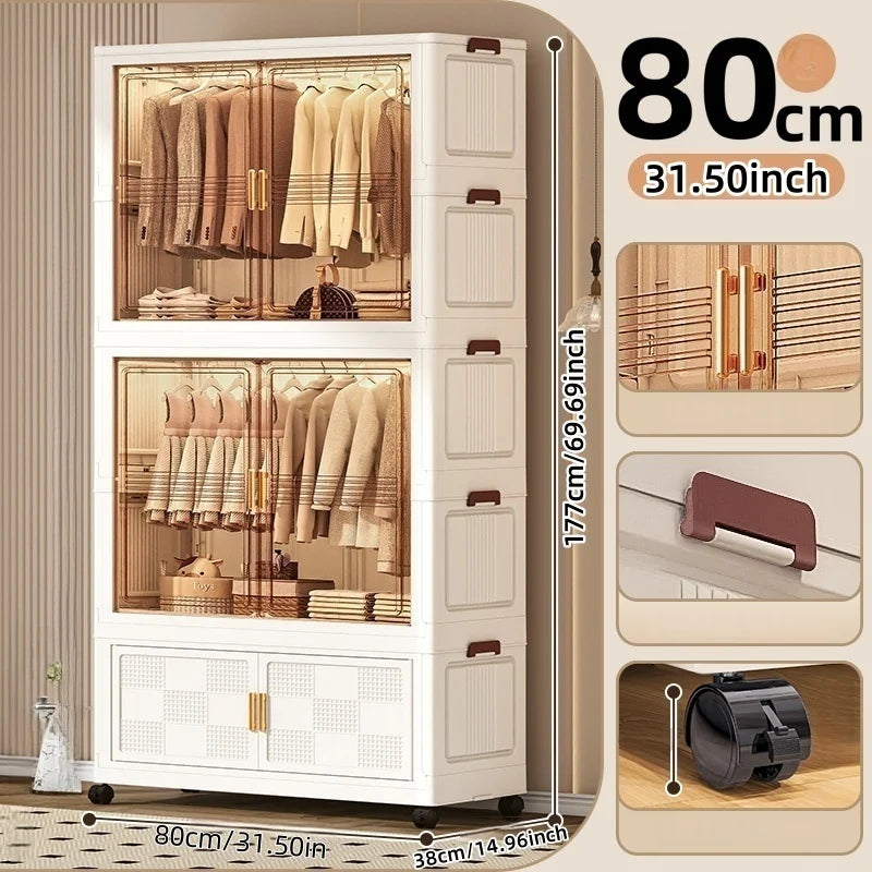 COIZYZZL 31.5 Inch Foldable Storage Wardrobe, 2-6 Tier Multi-Combos with Rolling Wheels, Large Capacity for Living Room/Bedroom Oasis Select Tawny 2Large 1Small
