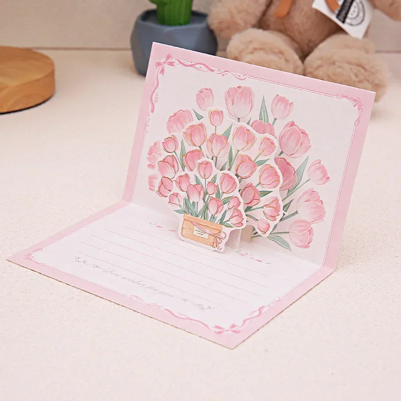 Pop-Up 3d Tulips Roses Sunflowers Bouquet Greeting Card Postcard Mother'S Day Blessings Creative Card Gift For Mother Oasis Select Light Pink Tulip