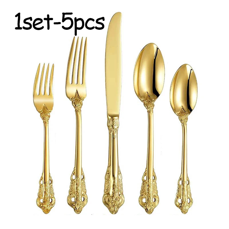 Stainless Steel Dinnerware Sets High-grade Knife Fork And Spoons Cutlery Kits Gold Plated Floral Pattern Tableware Dropship Oasis Select 1set golden