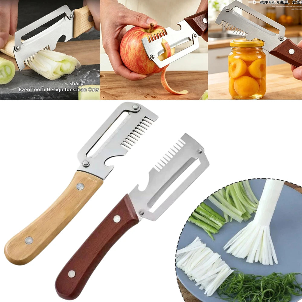 3-in-1 Multifunction Kitchen Peeler, Wooden Handle Stainless Steel Serrated Knife, Vegetable Fruit Peeler Shredder Bottle Opener Oasis Select