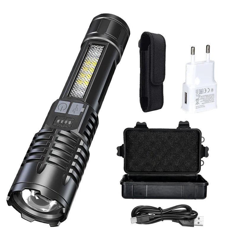 Ultra Bright LED Flashlight 2000LM Type-C Rechargeable Long Range Zoom Tactical Torch Outdoor Emergency Camping Fishing Lantern Oasis Select Set C ZOOM