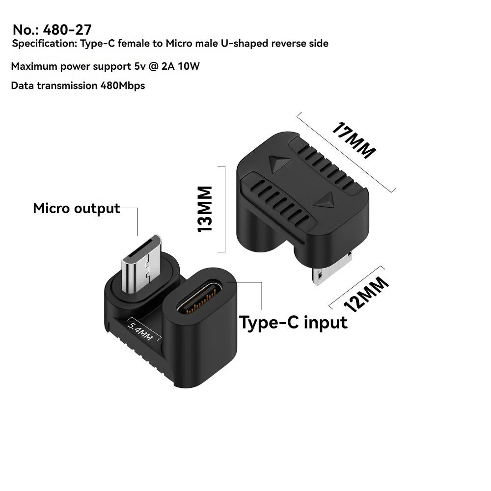 90° USB-C to Micro USB Adapter – 480Mbps & 10W Fast Charge USB Adapter Oasis Select U-shaped ReverseSide