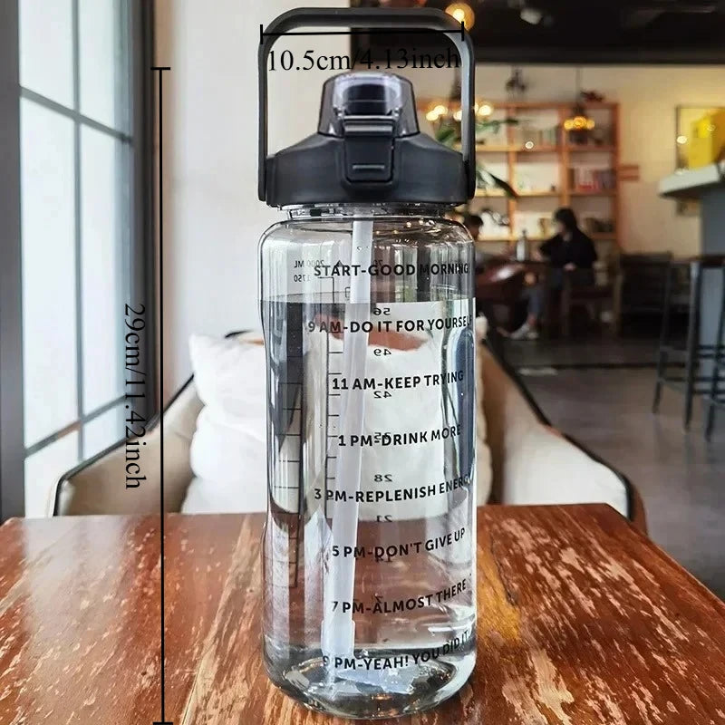 1pcs Large Capacity Motivational Water Bottle with Time Marker Leak-Proof Portable Sports Jug with Straw & Handle for Gym Oasis Select black