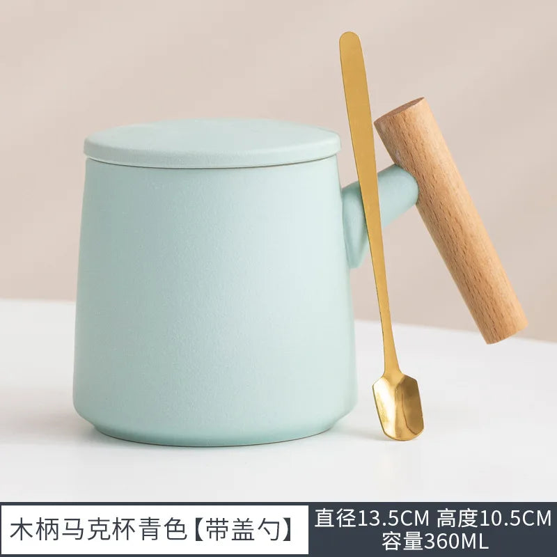 Office Wooden Handle Mug Japanese-style Ceramic Office Tea Cup Frosted Water Cup Three-piece Set with Lid Filter Mug Coffee Mug Oasis Select Cyan-blue 301-400ml