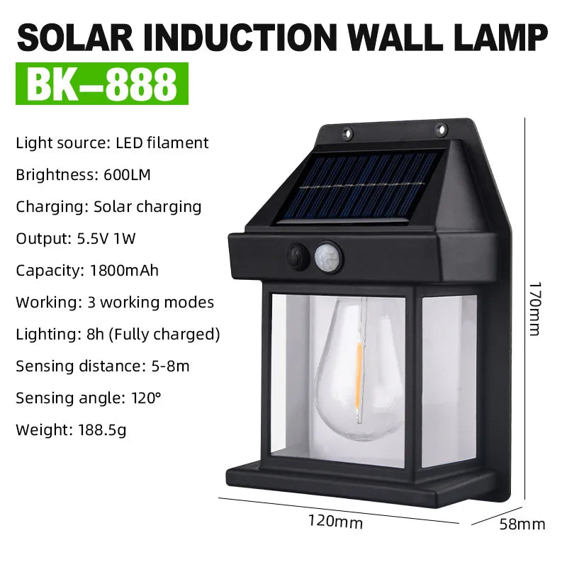 New Solar Tungsten Wall Lamp Three Modes Outdoor Villa Garden Courtyard Waterproof Decoration Induction Lantern Small Night Lamp Oasis Select Black 1PCS