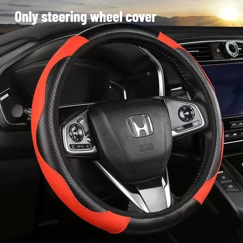 Practical ringless stretch car steering wrap, new carbon fiber leather elastic band steering wheel cover Oasis Select Red