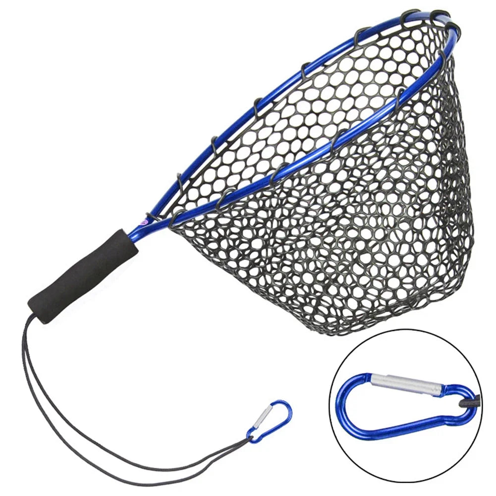 Fishing Net Soft Silicone Fish Landing Net Aluminium Alloy Pole EVA Handle with Elastic Strap and Carabiner Fishing Nets Tools Oasis Select Blue