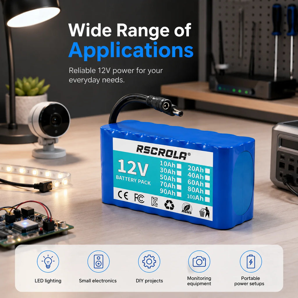 Rechargeable 12V 18650 Lithium Battery Pack with BMS, for Solar, LED Light, RC Model, Power Supply, Long Cycle Life with Charger Oasis Select
