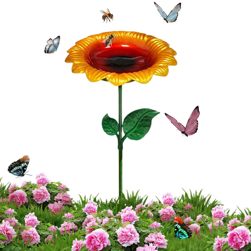 Outdoor Bird Bath Weatherproof Metal Sunflower with Stake Metal Bird Bath Feeding Bowl for Hummingbird Finch Chickadee Bee Oasis Select