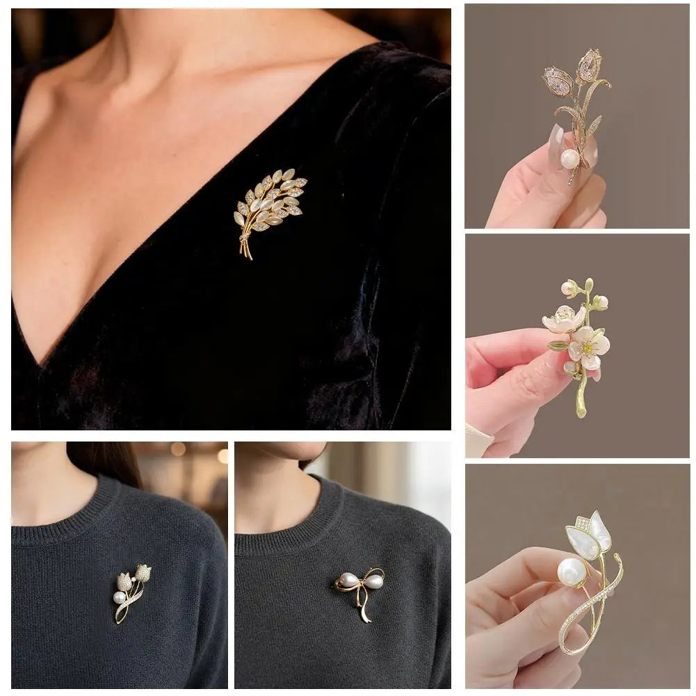 Zircon Tulip Pearl Brooch – Crystal Floral Lapel Pin for Women