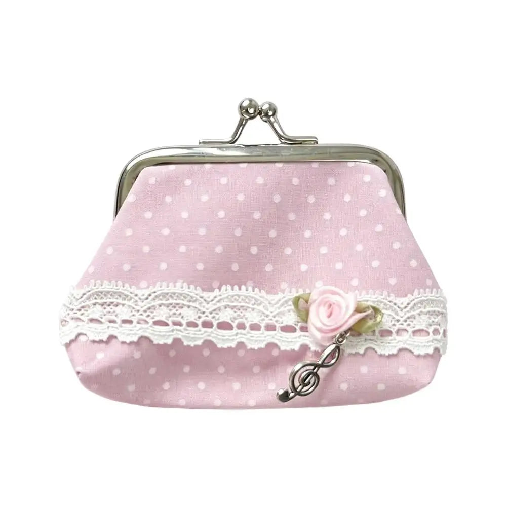 Retro Mini Pouch Polka Dot Coin Bag Women's Small Wallet Lace Decor Music Note Pendant Portable Storage Organizer Oasis Select Pink