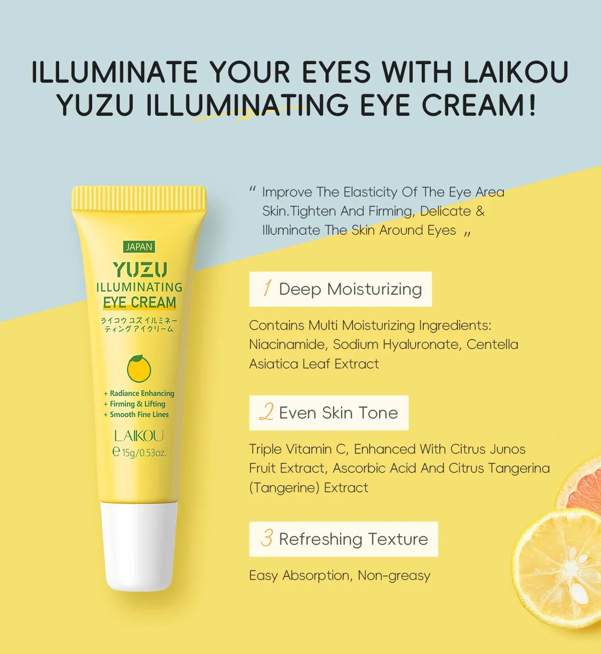 LAIKOU Yuzu Eye Cream Anti Dark Circle Eye Bags Brightening Wrinkle‑Reducing Firming Eye Care 15g Oasis Select