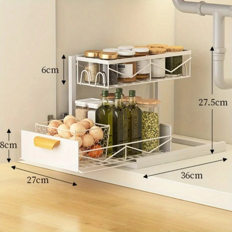 2-Tier Sliding Under Sink Organizer - Rustproof Metal Storage for Kitchen & Bathroom Cabinets,Ideal for Cleaning Supplies Oasis Select WHITE