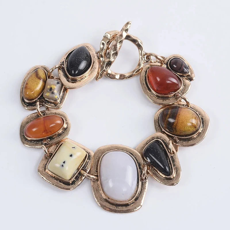 Bohemian Multicolor Resin Stone Charm Bracelet Irregular Stone Bracelet Unique Design Women's Lucky Jewelry （Random Resin Color） Oasis Select 19x2.6cm 1