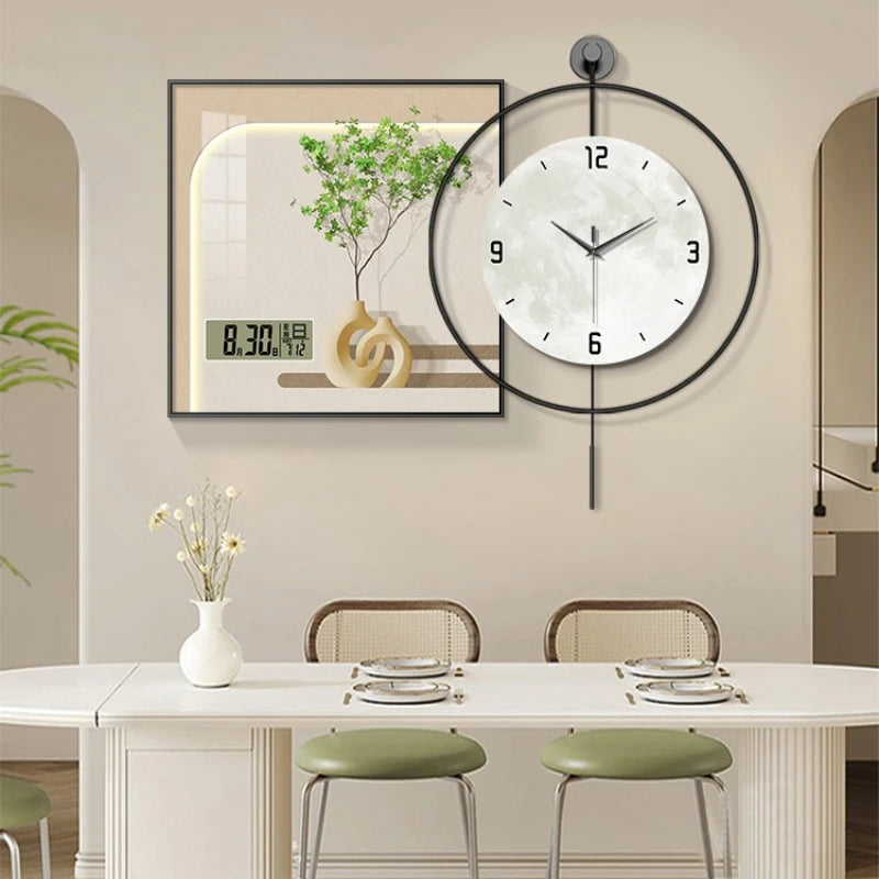 Simple Green Plant Perpetual Calendar Electronic Clock Guest Restaurant Decorative Painting Iron Combination Wall Clock Oasis Select