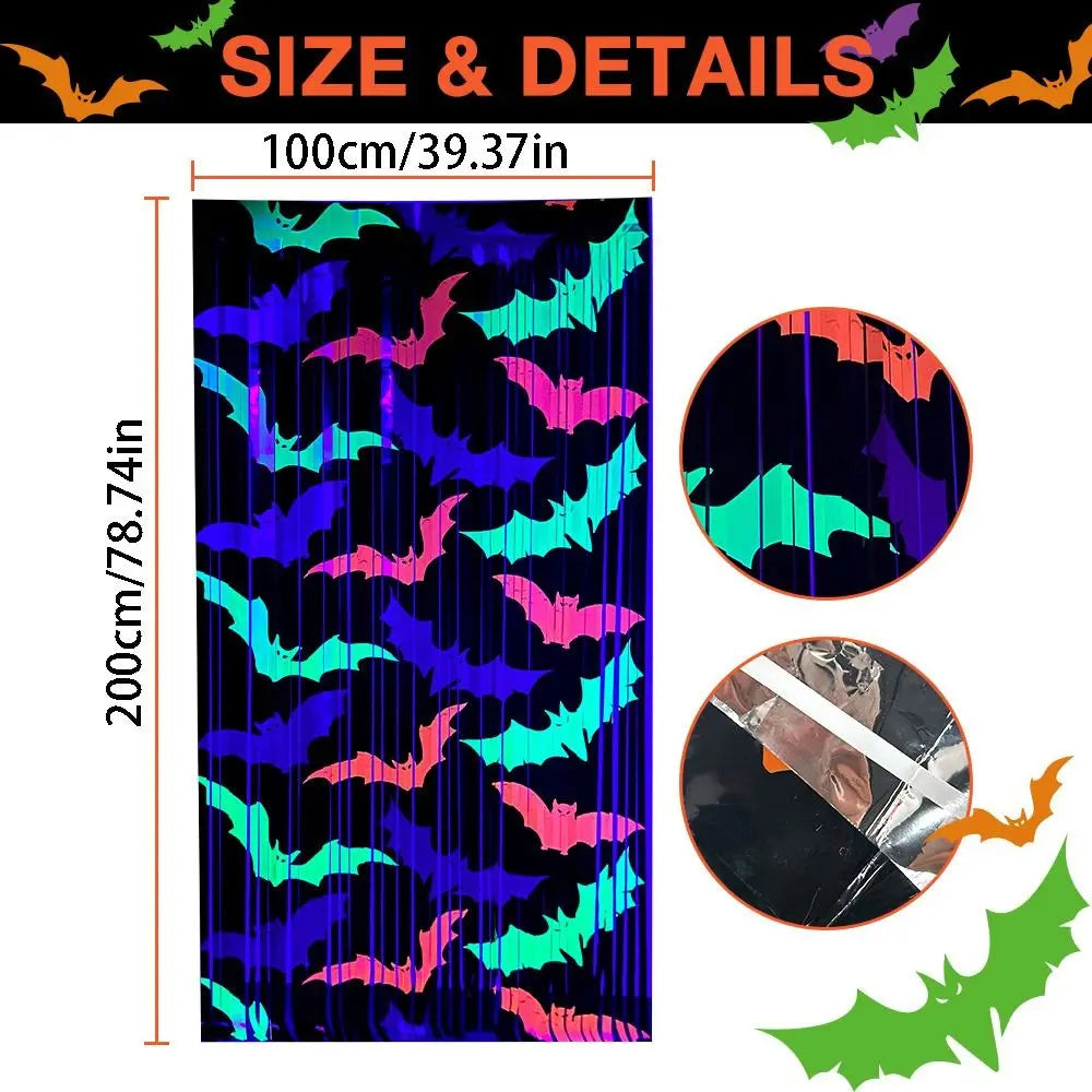 1x2M Fluorescent Tinsel Curtain Bat Pattern Cartoon Wall Hanging Bat Pendants Funny Reusable Scary Background Wall Tassel Oasis Select
