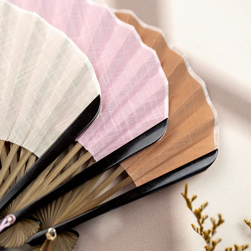 Japanese Style Retro Shell Shaped Fan Silk Cloth Bamboo Folding Fans with Pendant Wedding Hand Fans Solid Color Curved Fanbone Oasis Select