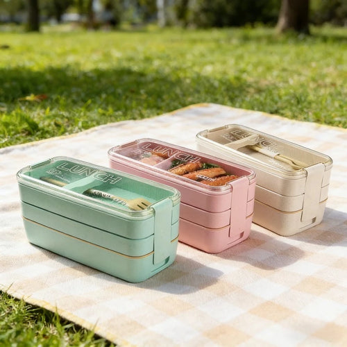 3 in 1 Wheat Straw Bento Box Reusable Portable Lunch Container Compartment Meal and Snack Food Storage Tableware Set Oasis Select