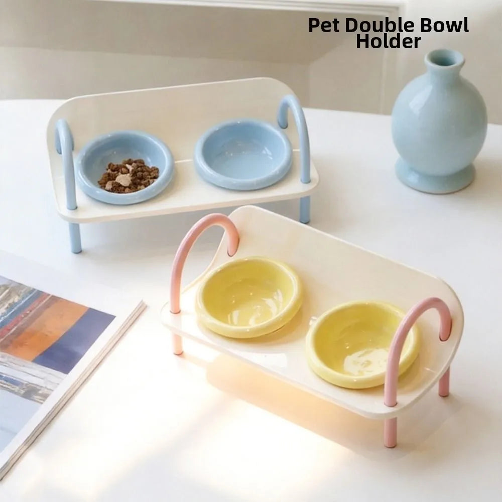 Ceramic Pet High Footed Bowl Non-Slip Anti-flip Elevated Pet Feeder Bowl Neck Protection Double Bowls Cat Food Water Bowl Oasis Select