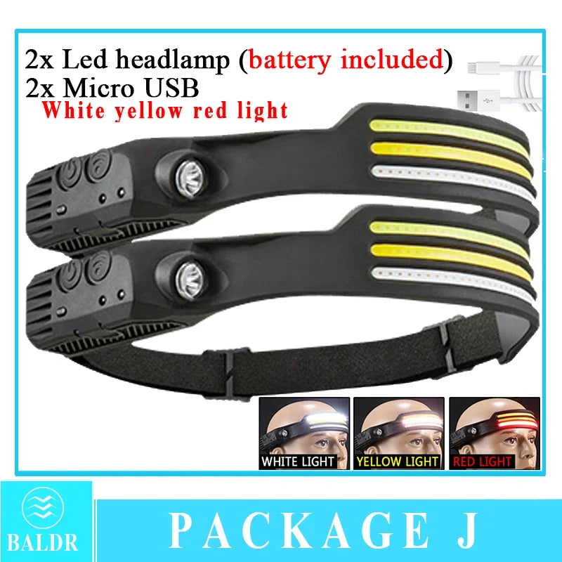 Head Led Light Sensor HeadLight Type-c Rechargeable Head Torch Light Front Led Head Flashlight Super Bright Waterproof Headlamp Oasis Select 2Pcs whiteYellowRed Built in battery