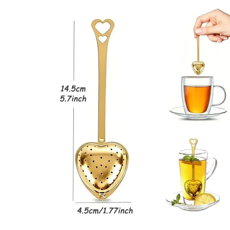 1Pc Heart Shaped Tea Strainer Fine Leakproof Holes Long Handle Portable Filter for Business Trip Loose Leaf Tea Use Oasis Select Gold