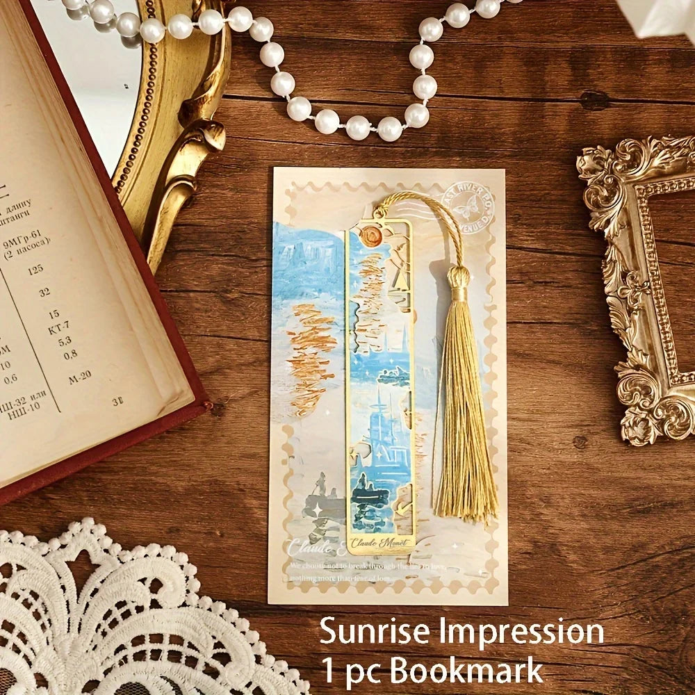 Vintage Oil Painting Metal Bookmarks - Hollow Hot Stamping Long Tassel Bookmarks - Stationery Gifts for Book Clubs, Book Lovers, Oasis Select Sunrise