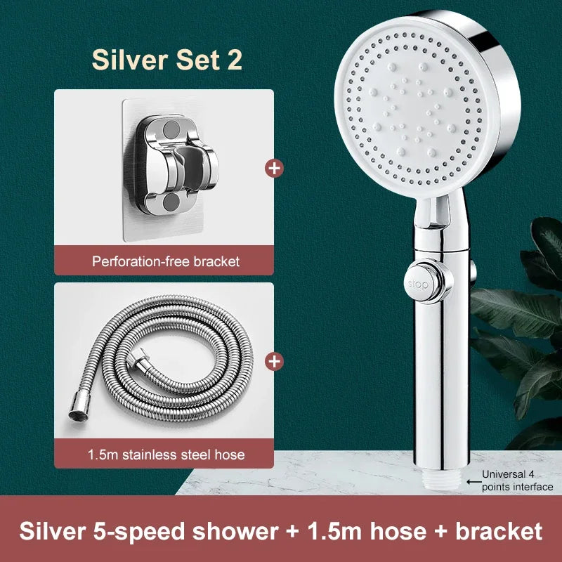 High-pressure Shower Head Set 5 Modes of Adjustment Showerhead with Hose Water-saving One-touch Stop Bathroom Accessories Oasis Select Silver shower set