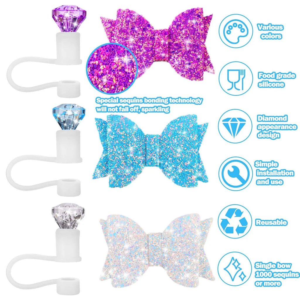 6pcs Bow Ties and Diamond Straw Topper for Stanley Cup, Straw Cover for Stanley Cup 40/30 Oz Accessories, Reusable Straw Toppers Oasis Select