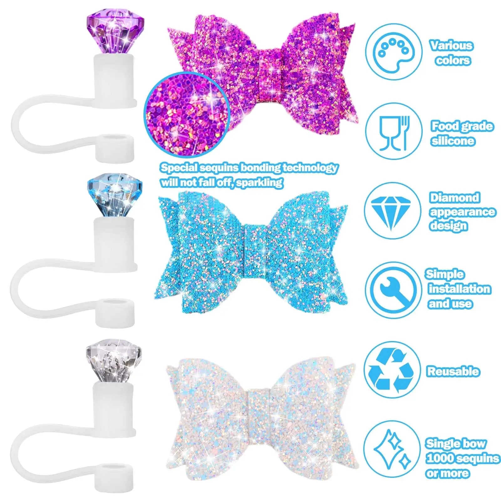 6pcs Bow Ties and Diamond Straw Topper for Stanley Cup, Straw Cover for Stanley Cup 40/30 Oz Accessories, Reusable Straw Toppers Oasis Select