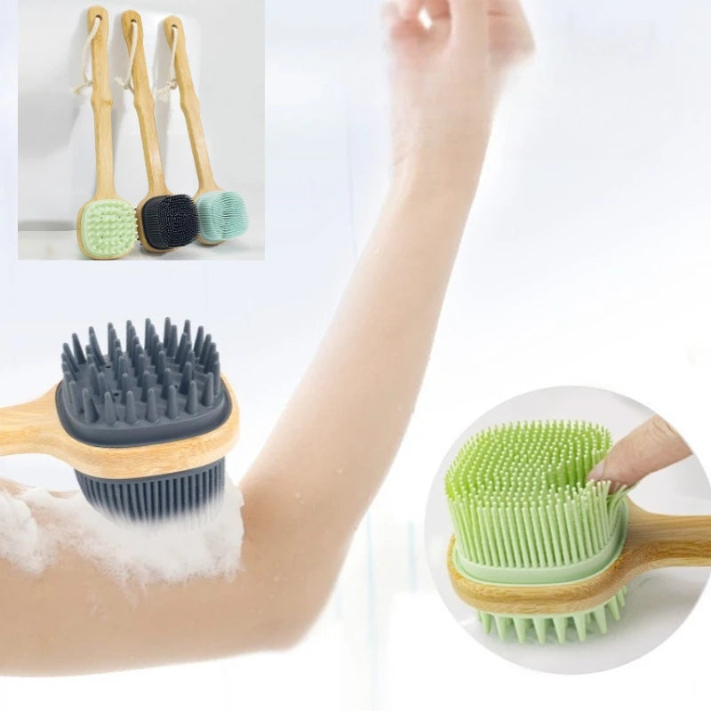 Soft Silicone Body Cleansing Brush Detachable Long Wooden Handle Design Bath Grooming Tool Gentle Exfoliating Accessory Oasis Select