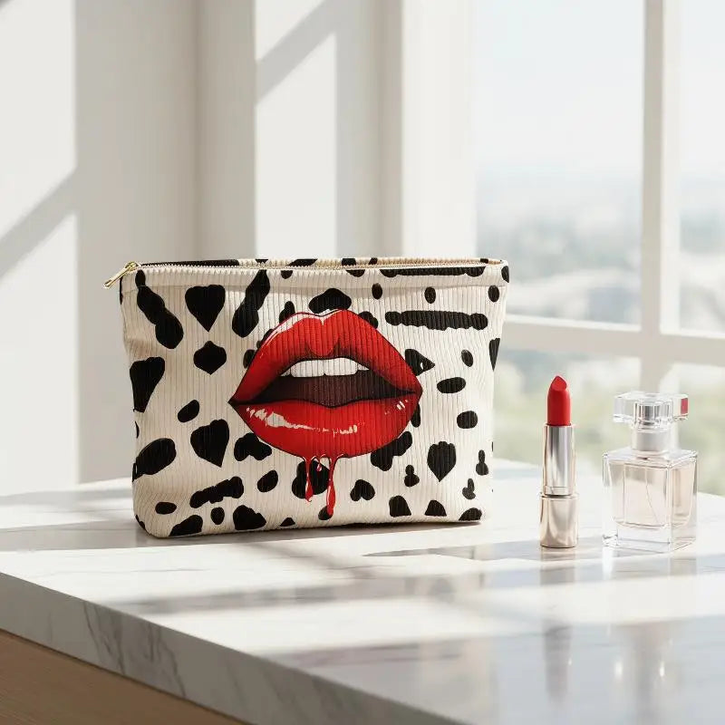 Corduroy Makeup Bag Lip Print & Zipper | Cosmetic Clutch Cosmetic Makeup Bag Oasis Select