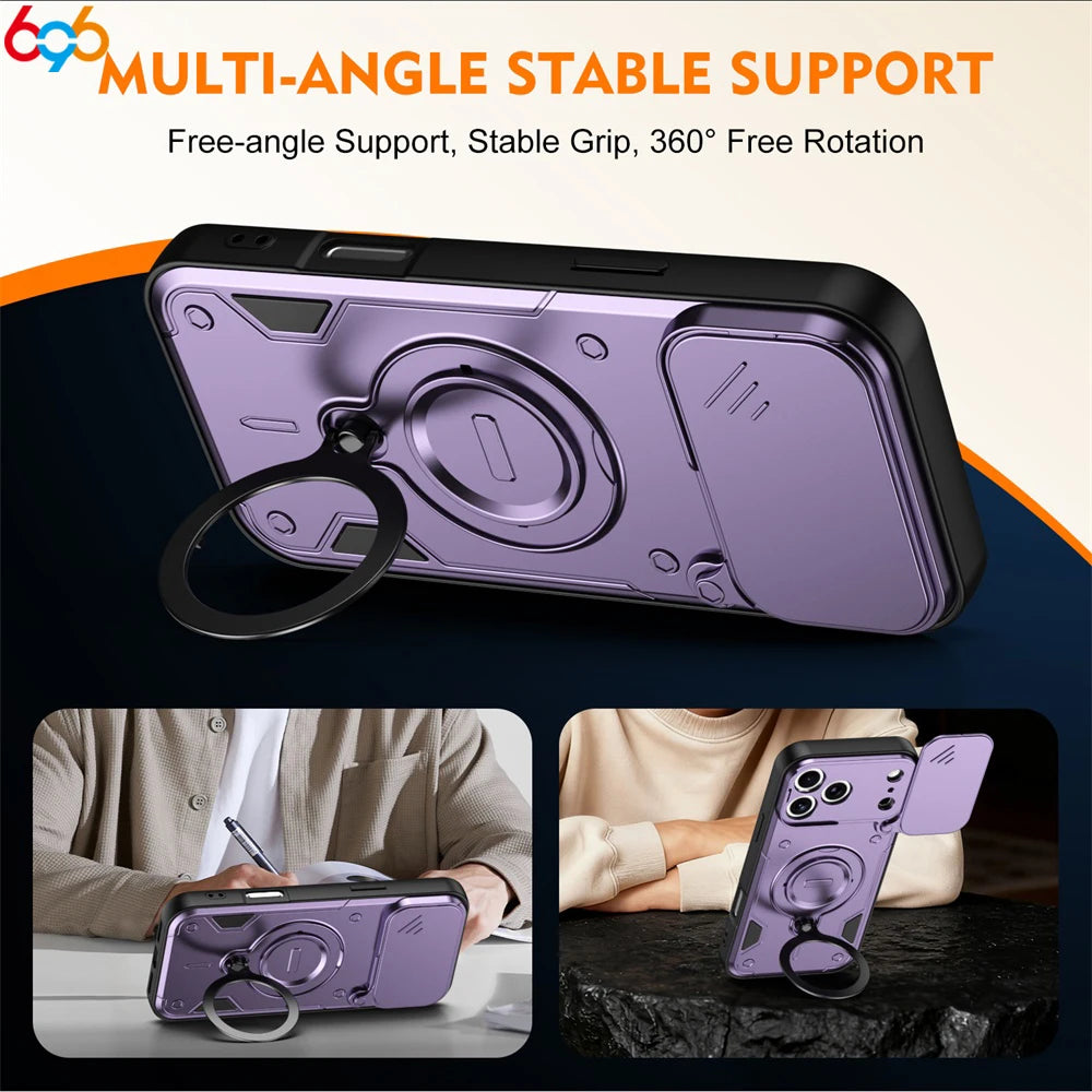 360° Rotating Magnetic Stand Armored Shockproof‌ Phone Case For IPhone 17 Pro Max 16 Slider Lens Skin Feel Slim Cover Man Lady Oasis Select