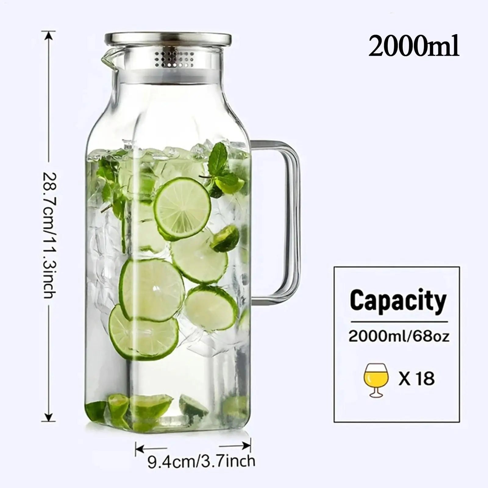 Glass Drink Pitcher 2L Beverage Jug with Handle and Lid Household Tea Pitcher for Tea Coffee Juice Milk Lemonade Refrigerator Oasis Select