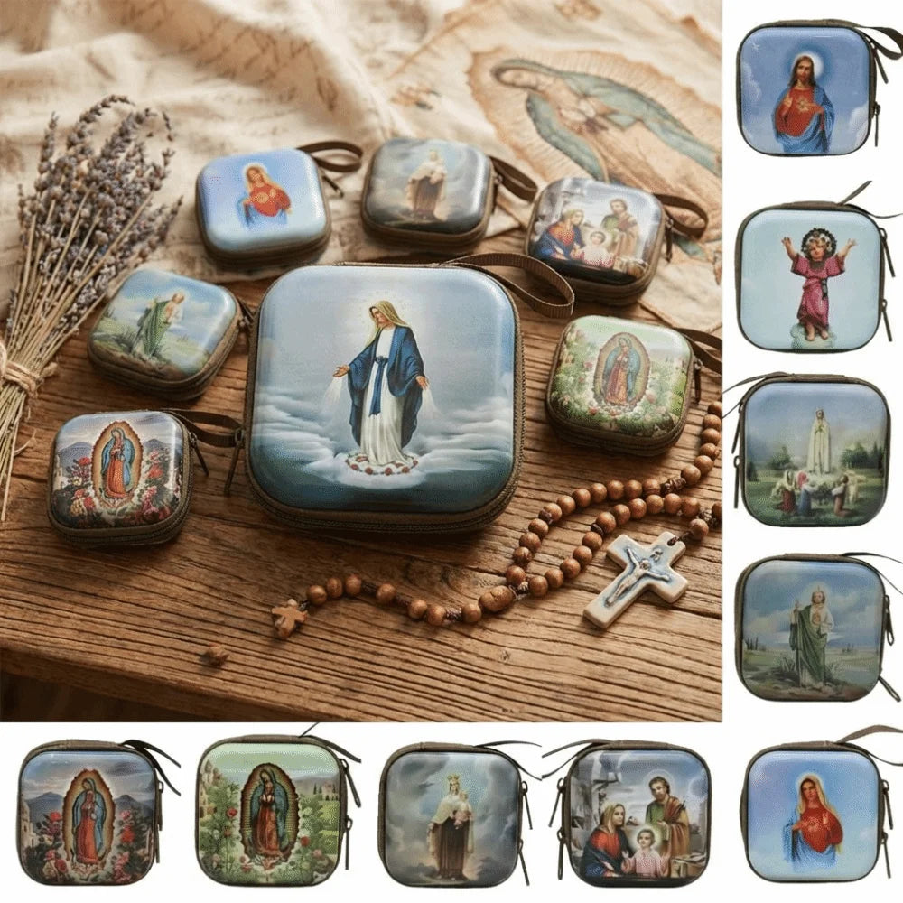 Virgin Mary Prayer Rosary Storage Bag Iron Artwork 7x7cm Religious Articles Cartoon Zippered Religious Jewelry Box Oasis Select
