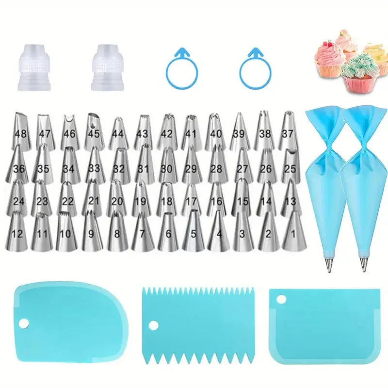 Cake Decorating Tool Set Silicone Pastry Bags DIY Cake Icing Piping Stainless Nozzle Reusable Cream Decorating Mouth Baking Tool Oasis Select 57pcs blue