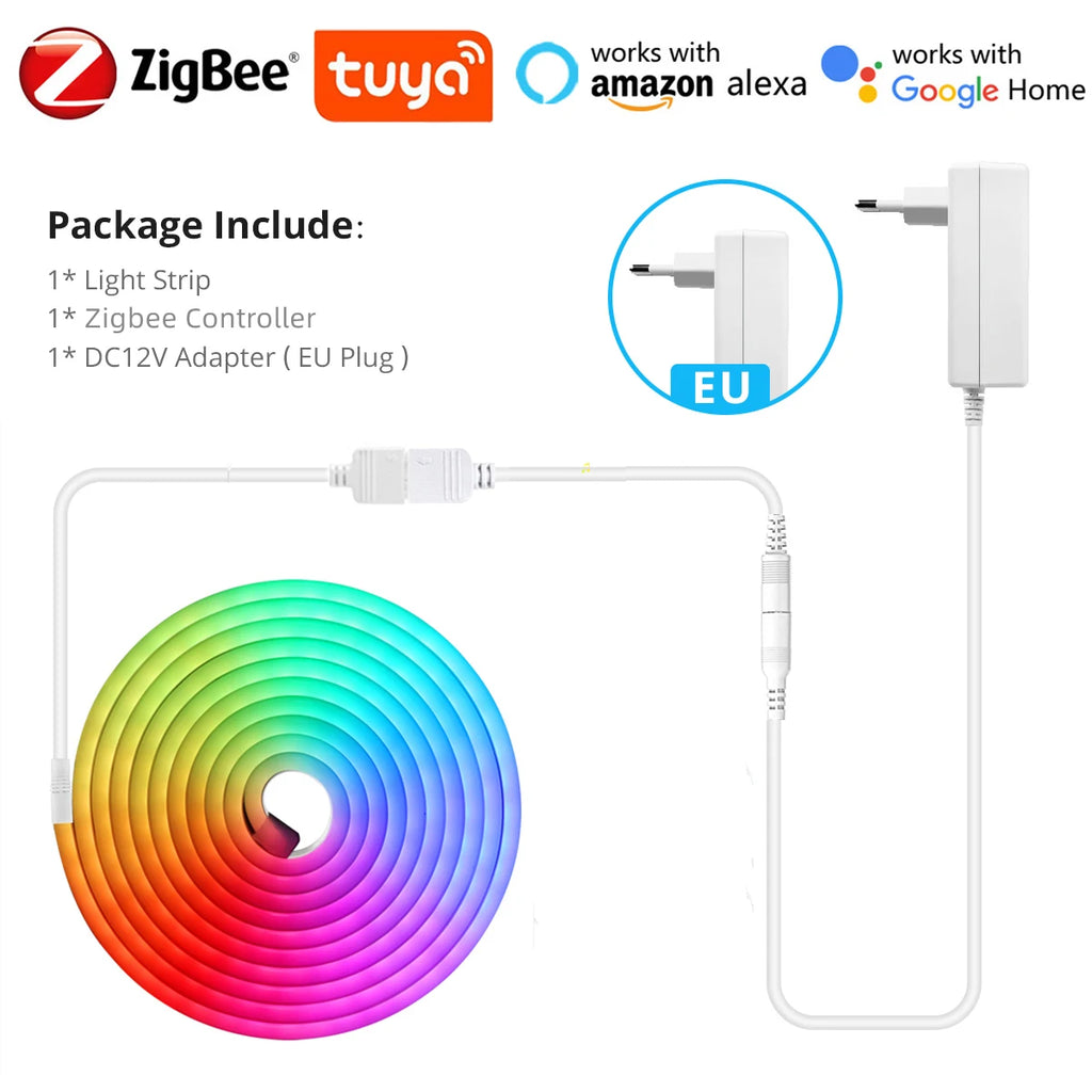 Smart Zigbee 3.0 RGB Neon LED Strip Light 12V Dimmable Room Wall Backlight Decor Works with Tuya Alexa Google APP Voice Control Oasis Select European Power Plug 4m