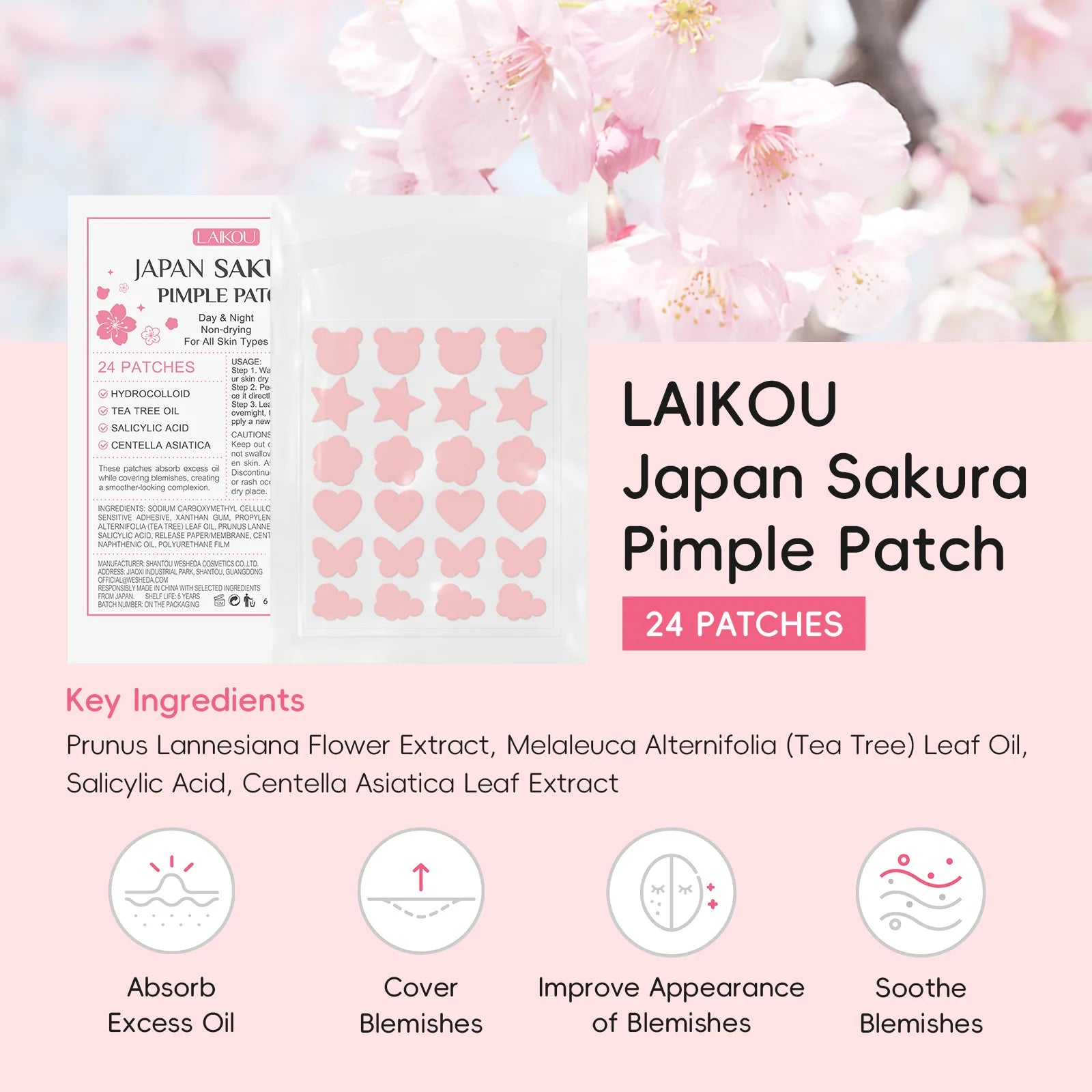 Laikou Sakura Acne Patches – Pimple Concealer Dots 24pc Acne Patches Oasis Select