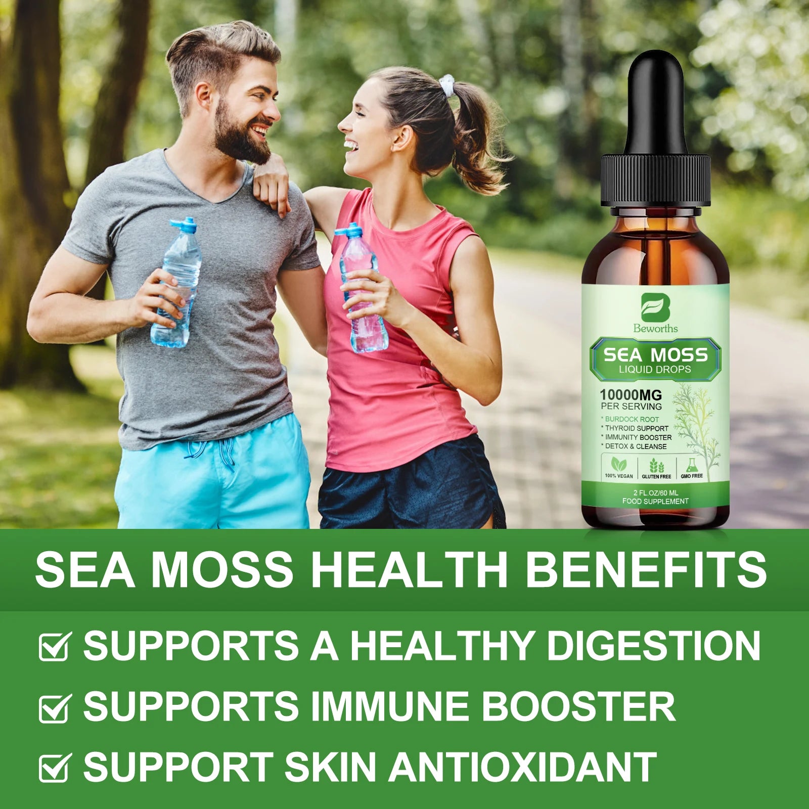 BEWORTHS Organic Seamoss Drops with Burdock Root and Spirulina Support Immunity and Gut Health, Help Digestion Weight Management Oasis Select