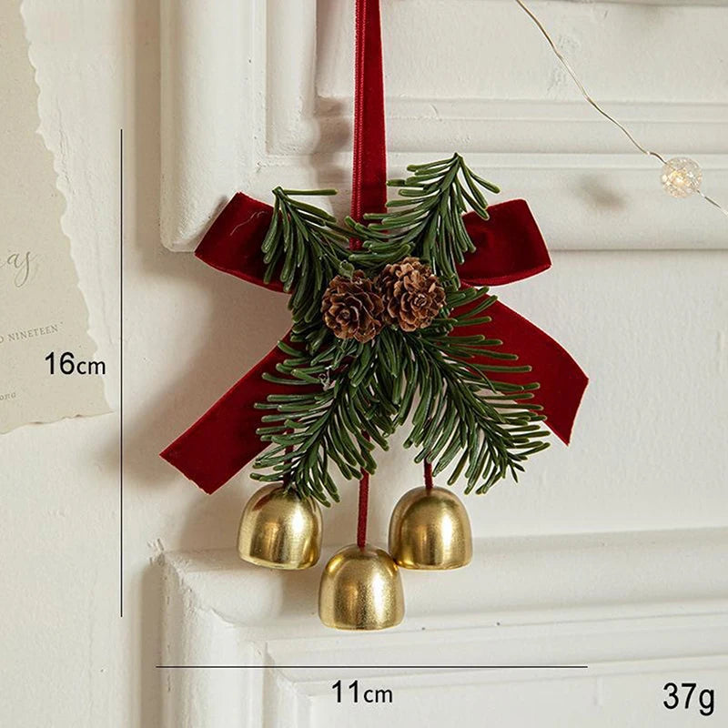 Christmas Jingle Bell Door Hanger – Velvet Bow & Pine Cone Ornament