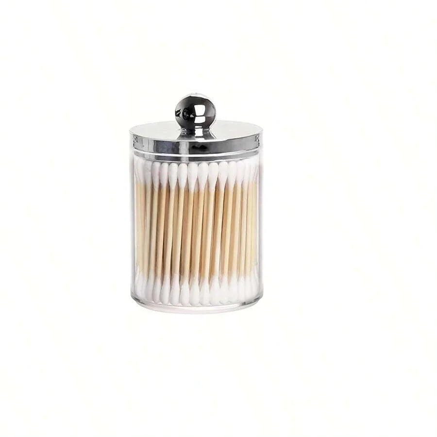 Cotton Swab Ball Pad Holder, Plastic Organizer with Lid, 10 oz Cotton Swab Apothecary Jar, Clear Organizer, Cosmetic Organizer, Oasis Select silver 1pc