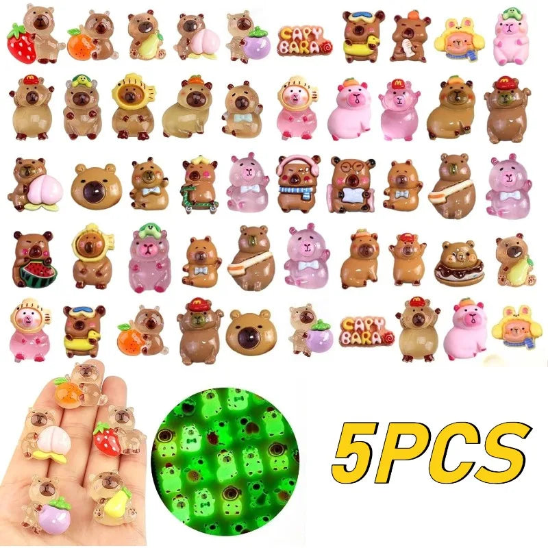 5PCS Luminous Capybara Mini Resin Animals Figurines Desktop Tabletop Outdoor Craft Decor for Miniature Garden Home Accessories Oasis Select