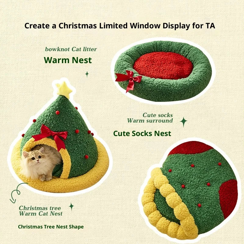 Autumn and Winter Warm Cat Bed Deep Sleep Semi-enclosed Dog Bed Warm Bed New Christmas Cat's nest Oasis Select